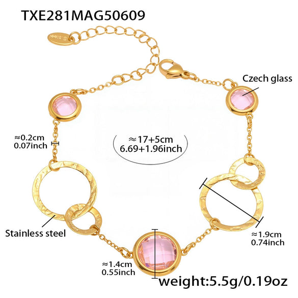 Wholesale Women's Jewelry 316L Stainless Steel Geometric Czech Glass Ring Bracelet With Electroplating