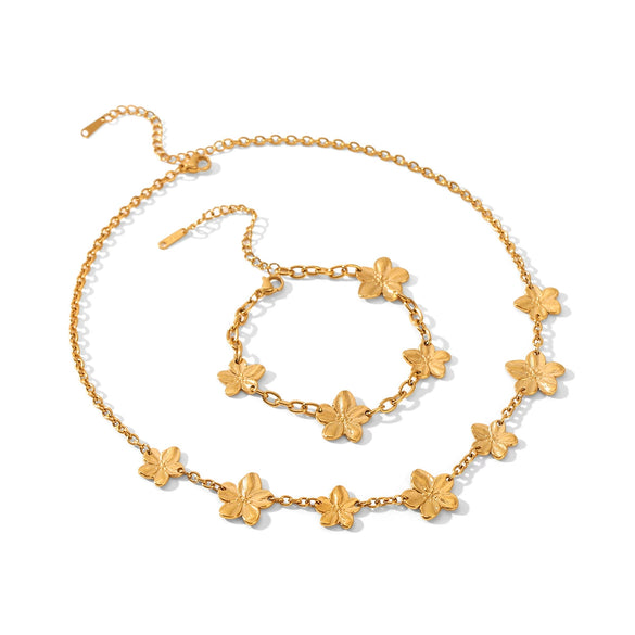 Wholesale Women's Jewelry Stainless Steel Geometric Fivepetal Flower Necklace And Bracelet With Electroplating Oshaped Chain