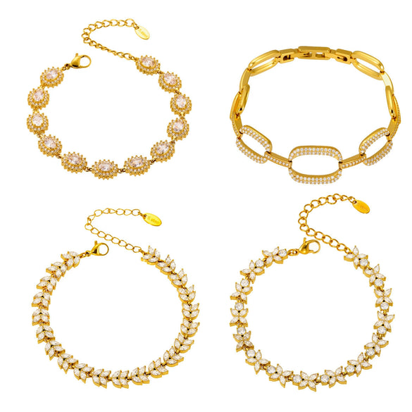 Wholesale Women's Jewelry Stainless Steel Geometric Pattern Fourleaf Flower Full Diamond Bracelet Electroplating