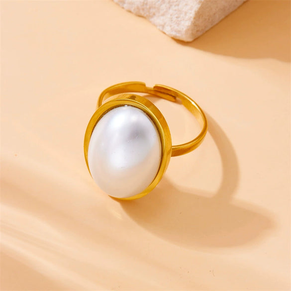 Wholesale Women's Jewelry Stainless Steel Goldplated Oval Pearl Retro Simple Geometric Earrings Ring Necklace Set
