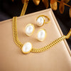 Wholesale Women's Jewelry Stainless Steel Goldplated Oval Pearl Retro Simple Geometric Earrings Ring Necklace Set