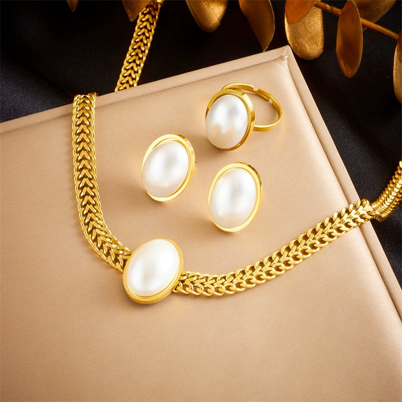 Wholesale Women's Jewelry Stainless Steel Goldplated Oval Pearl Retro Simple Geometric Earrings Ring Necklace Set