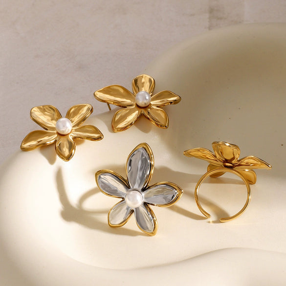 Wholesale Women's Jewelry Stainless Steel Pearl Ring And Flower Earrings With Electroplating