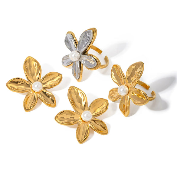 Wholesale Women's Jewelry Stainless Steel Pearl Ring And Flower Earrings With Electroplating