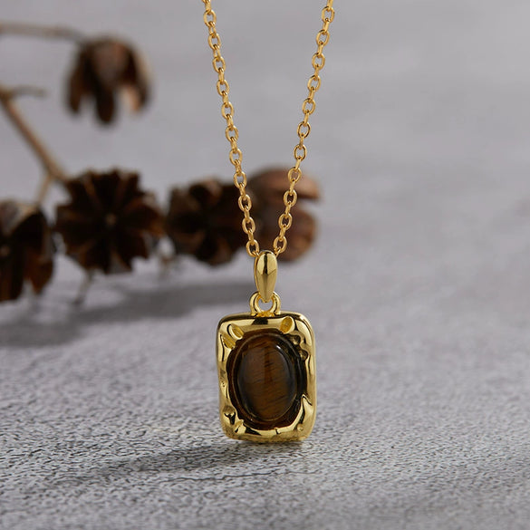Wholesale Women's Jewelry 925 Sterling Silver Geometric Art Box Pendant Set With Gems Malachite Lapis Gold Tiger Eye Necklace Light Luxury Retro Style
