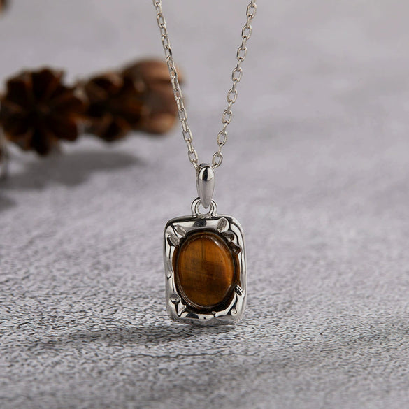 Wholesale Women's Jewelry 925 Sterling Silver Geometric Art Box Pendant Set With Gems Malachite Lapis Gold Tiger Eye Necklace Light Luxury Retro Style