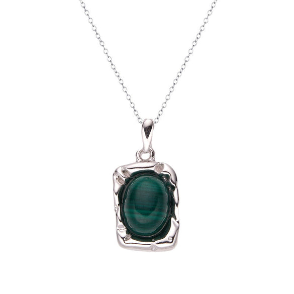Wholesale Women's Jewelry 925 Sterling Silver Geometric Art Box Pendant Set With Gems Malachite Lapis Gold Tiger Eye Necklace Light Luxury Retro Style