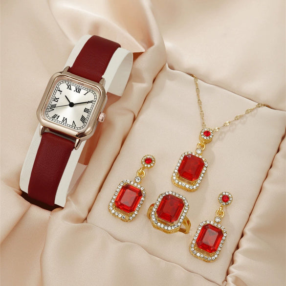 Wholesale Women's Jewelry Suit Alloy Case Imitation Leather Strap Square Dial Pointer Roman Scale Design