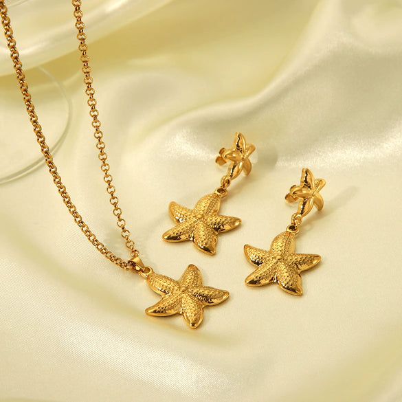 Wholesale Women's Jewelry Titanium Steel And Stainless Steel Earrings And Necklace Set With Starfish Marine Organisms Pattern Ochain Electroplated With Vacuum Real Gold In Furnace