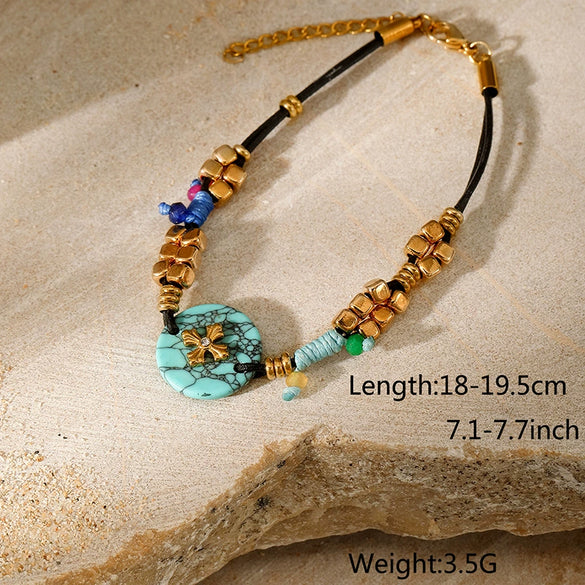 Wholesale Women's 18K Electroplated Natural Stone Turquoise Pendant Necklace With Rubber Band Chain