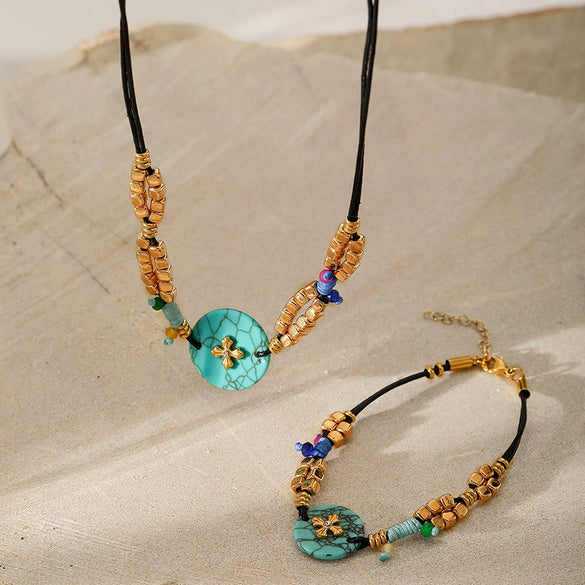 Wholesale Women's 18K Electroplated Natural Stone Turquoise Pendant Necklace With Rubber Band Chain