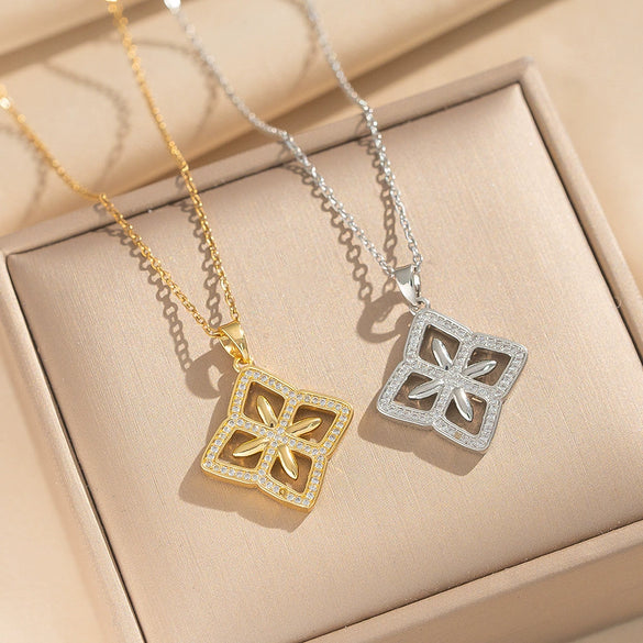 Wholesale Women's 18K Gold Plated Copper Zircon Rhombus Flower O Word Chain Necklace Light Luxury Jewelry