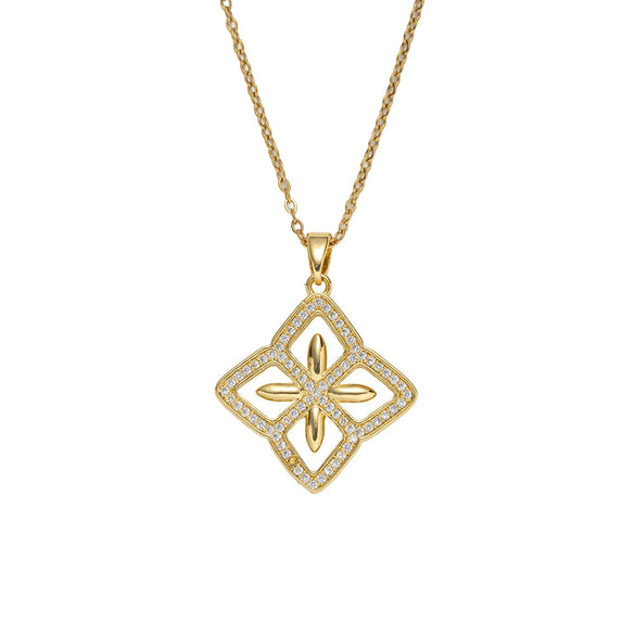 Wholesale Women's 18K Gold Plated Copper Zircon Rhombus Flower O Word Chain Necklace Light Luxury Jewelry