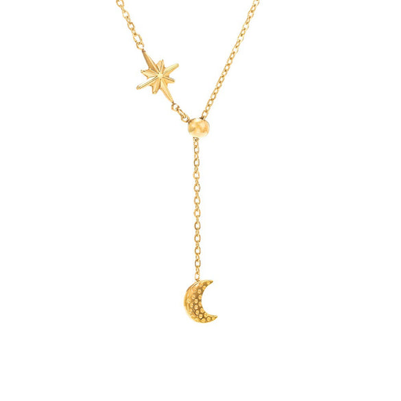 Wholesale Women's 14K Gold Plated Diamond Star Moon Titanium Steel Pendant Necklace