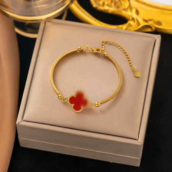 Wholesale Women's 18K Gold Plated Fourleaf Clover Titanium Steel Bracelet With Red Agate And Motherofpearl
