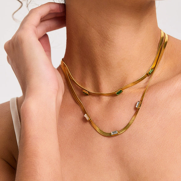 Wholesale Women's 18K Gold Plated Geometric Stainless Steel Zircon Flat Snake Chain Necklace