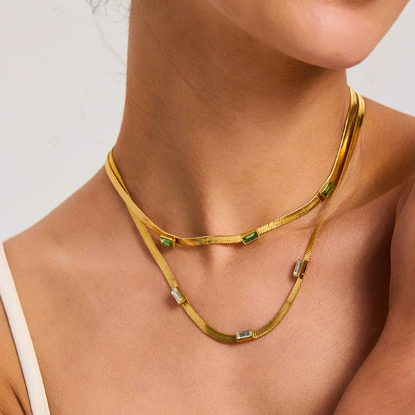 Wholesale Women's 18K Gold Plated Geometric Stainless Steel Zircon Flat Snake Chain Necklace