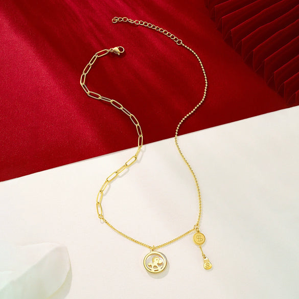 Wholesale Women's 24K Gold Plated Geometric Titanium Steel Round Pendant Clavicle Chain Necklace