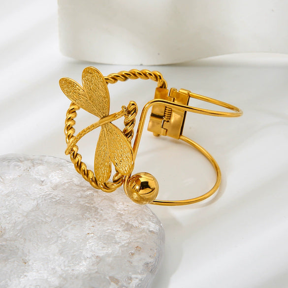 Wholesale Women's 18K Gold Plated Irregular Hollow Dragonfly Stainless Steel Bracelet Jewelry Accessories