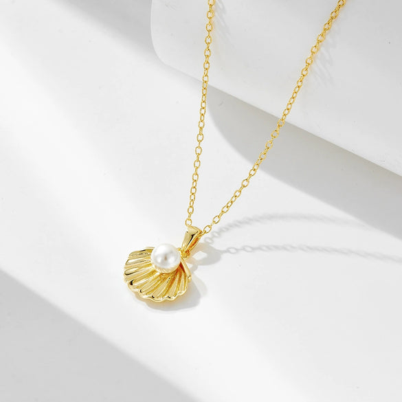 Wholesale Women's 14K Gold Plated S925 Sterling Silver Pearl Shell Diamond Design Cross Chain Clavicle Necklace