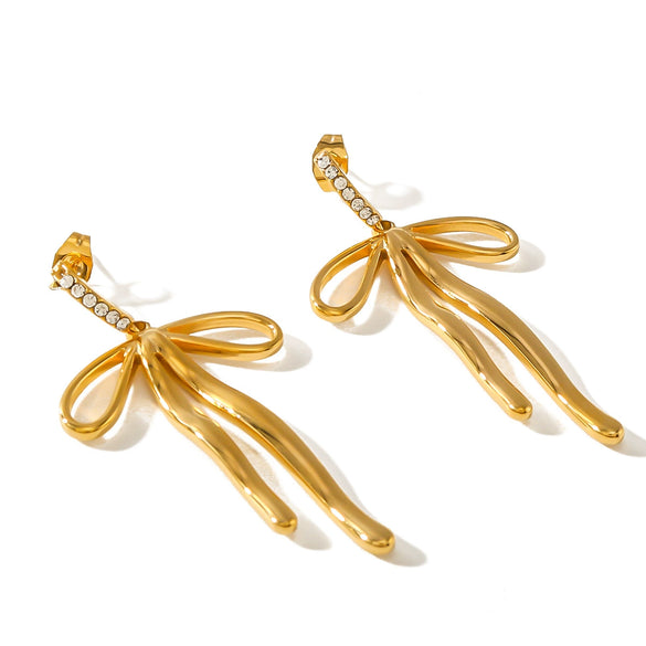 Wholesale Women's 18K Gold Plated Stainless Steel Bow Pendant Earrings With Geometric Styling And Electroplating Treatment
