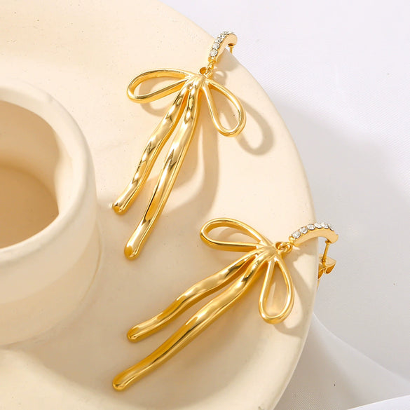 Wholesale Women's 18K Gold Plated Stainless Steel Bow Pendant Earrings With Geometric Styling And Electroplating Treatment