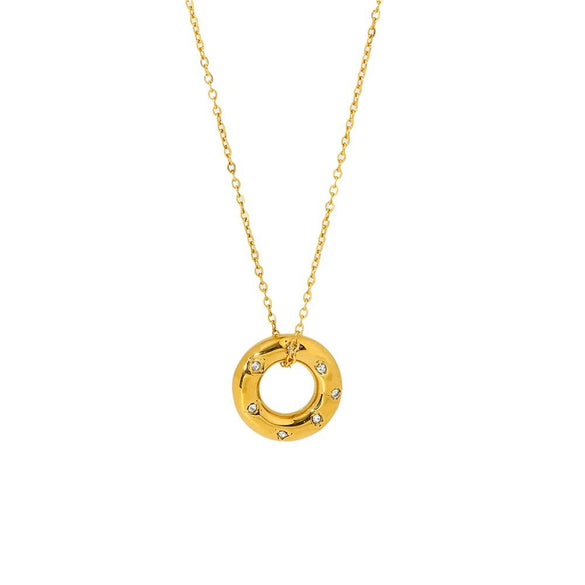 Wholesale Women's 18K Gold Plated Stainless Steel Geometric Necklace With Inlaid Zircon And Hollow Ring Pendant