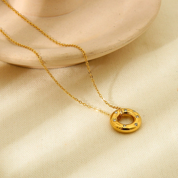 Wholesale Women's 18K Gold Plated Stainless Steel Geometric Necklace With Inlaid Zircon And Hollow Ring Pendant