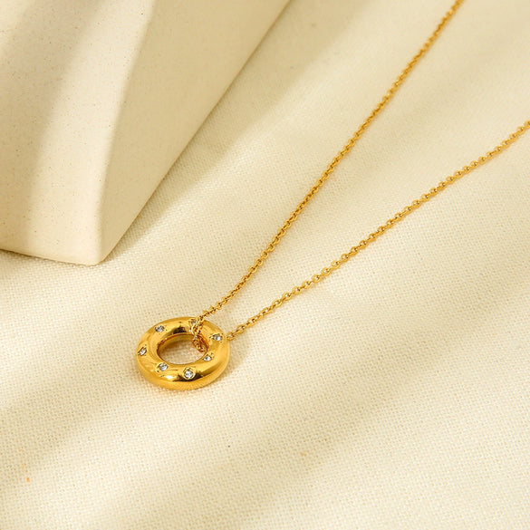 Wholesale Women's 18K Gold Plated Stainless Steel Geometric Necklace With Inlaid Zircon And Hollow Ring Pendant