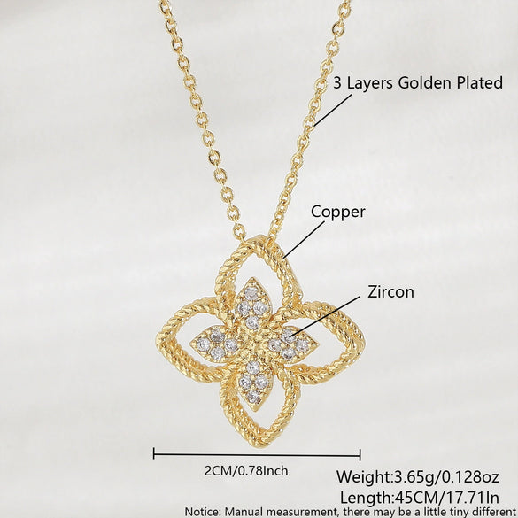 Wholesale Women's 18K Goldplated Copper Geometric Fourleaf Clover Flower Zircon Inlaid Hollow Necklace With O Word Chain