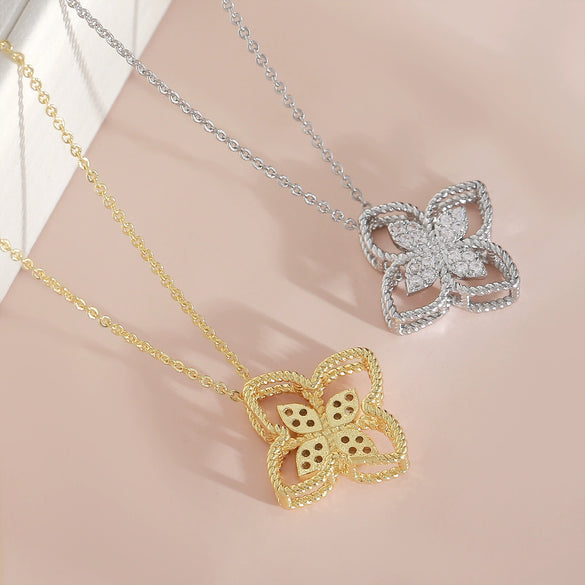 Wholesale Women's 18K Goldplated Copper Geometric Fourleaf Clover Flower Zircon Inlaid Hollow Necklace With O Word Chain