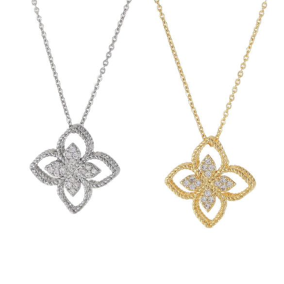 Wholesale Women's 18K Goldplated Copper Geometric Fourleaf Clover Flower Zircon Inlaid Hollow Necklace With O Word Chain