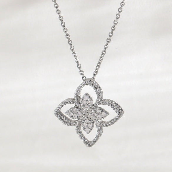 Wholesale Women's 18K Goldplated Copper Geometric Fourleaf Clover Flower Zircon Inlaid Hollow Necklace With O Word Chain