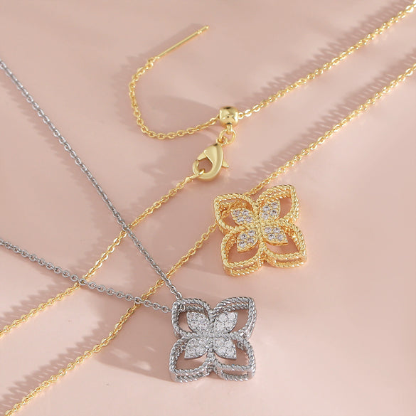 Wholesale Women's 18K Goldplated Copper Geometric Fourleaf Clover Flower Zircon Inlaid Hollow Necklace With O Word Chain