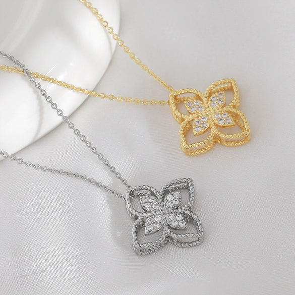 Wholesale Women's 18K Goldplated Copper Geometric Fourleaf Clover Flower Zircon Inlaid Hollow Necklace With O Word Chain