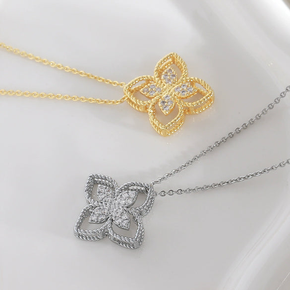 Wholesale Women's 18K Goldplated Copper Geometric Fourleaf Clover Flower Zircon Inlaid Hollow Necklace With O Word Chain