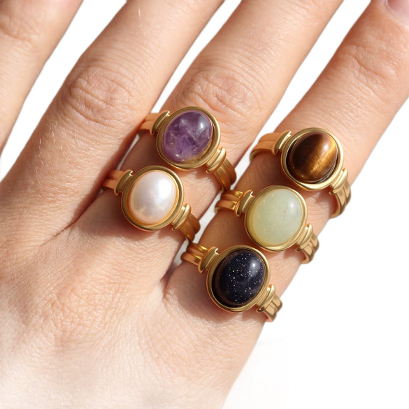 Wholesale Women's 18K Goldplated Stainless Steel Geometric Gemstone Open Ring Stackable Niche Design