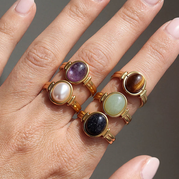 Wholesale Women's 18K Goldplated Stainless Steel Geometric Gemstone Open Ring Stackable Niche Design