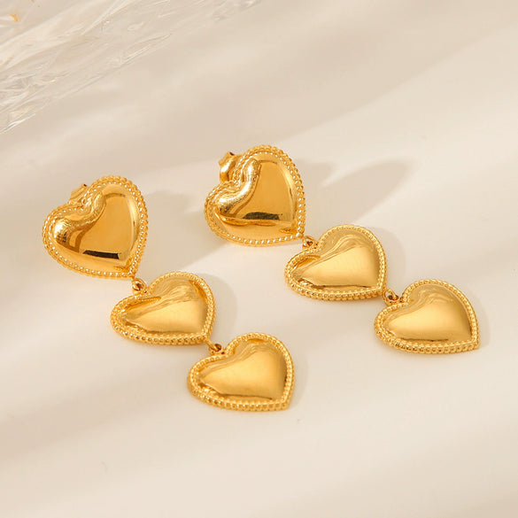 Wholesale Women's 18K Goldplated Stainless Steel Geometric Heart Love Tassel Threelayer Trim Earrings