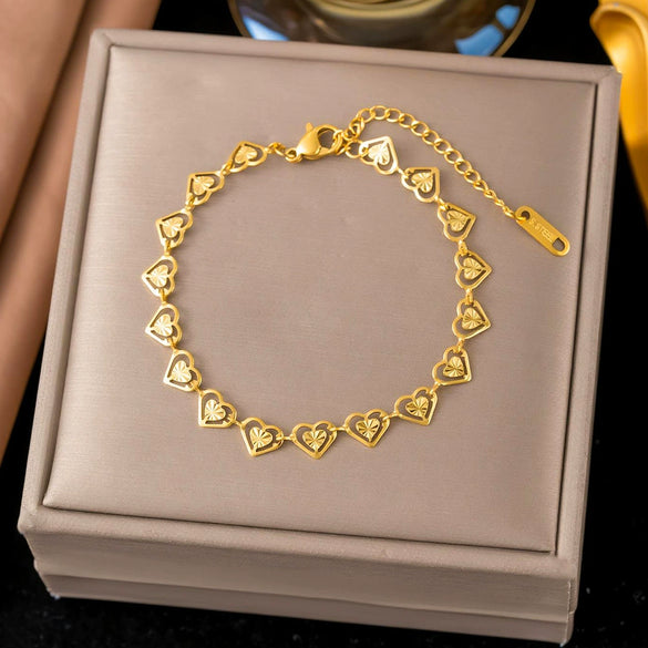 Wholesale Women's 18K Real Gold Plated Titanium Steel Bracelet With Heart Shape Flowers Diamond Geometric Letters Numbers Text Patterns