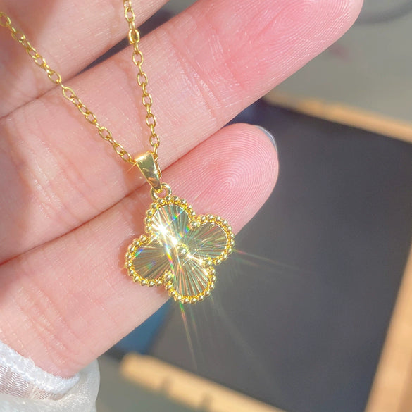 Wholesale Women's Lasercut Fourleaf Clover Titanium Steel Necklace With Copper Pendant And Zircon Design