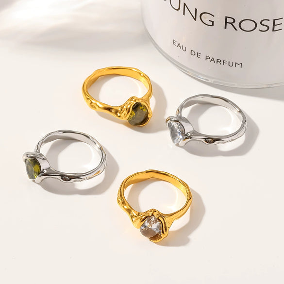 Wholesale Women's Lava Texture Water Drop Zircon 18K Goldplated Stainless Steel Ring