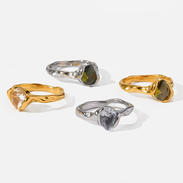 Wholesale Women's Lava Texture Water Drop Zircon 18K Goldplated Stainless Steel Ring