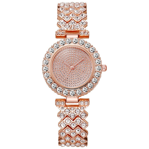 Wholesale Women's Leisure Alloy And Stainless Steel Round Dial Starry Diamond Quartz Bracelet Watch