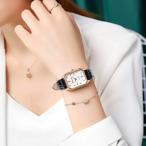 Wholesale Women's Leisure Square Quartz Watch With Stainless Steel Clasp Alloy Case And Imitation Leather Strap Sapphire Crystal Glass Mirror