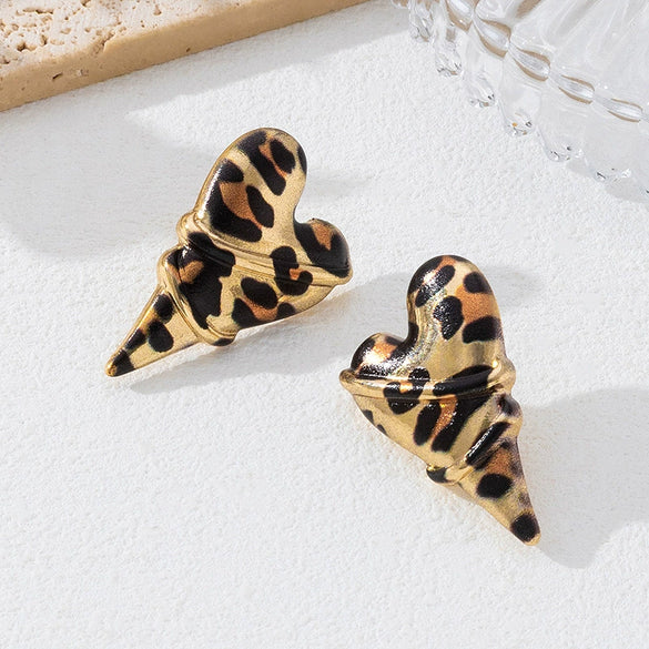 Wholesale Women's Leopard Print Geometric Heartshaped Alloy Stainless Steel Electroplated Earrings