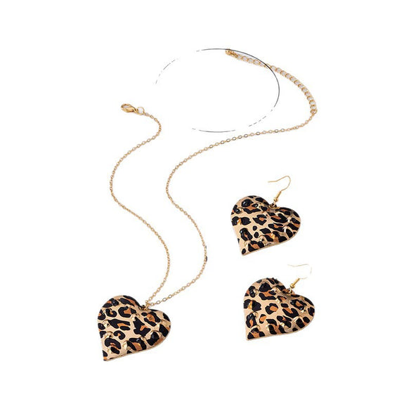 Wholesale Women's Leopard Print Heart Geometric Alloy Electroplated Jewelry Set Necklace And Earrings