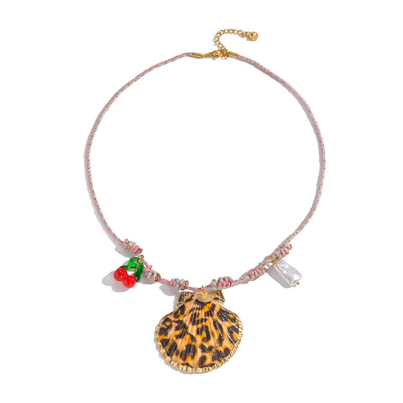 Wholesale Women's Leopard Print Shell And Stainless Steel Rope Chain Necklace With Weave Design