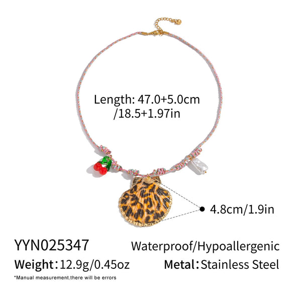 Wholesale Women's Leopard Print Shell And Stainless Steel Rope Chain Necklace With Weave Design