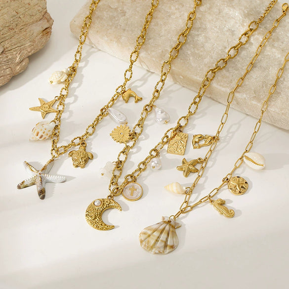Wholesale Women's Light Luxury Animal Zodiac 18K Real Gold Plated Stainless Steel Necklace With Shell Starfish Pendant